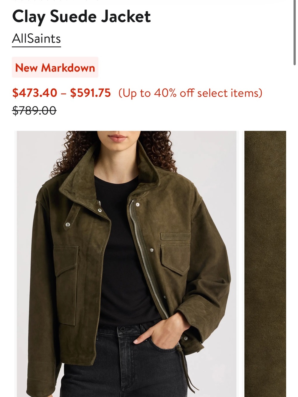 AllSaints Olive Green Clay Suede Utility Jacket